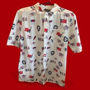 MAD Engine Honest Abe Men's Size Large  USA-Themed White Shirt Button Up Top